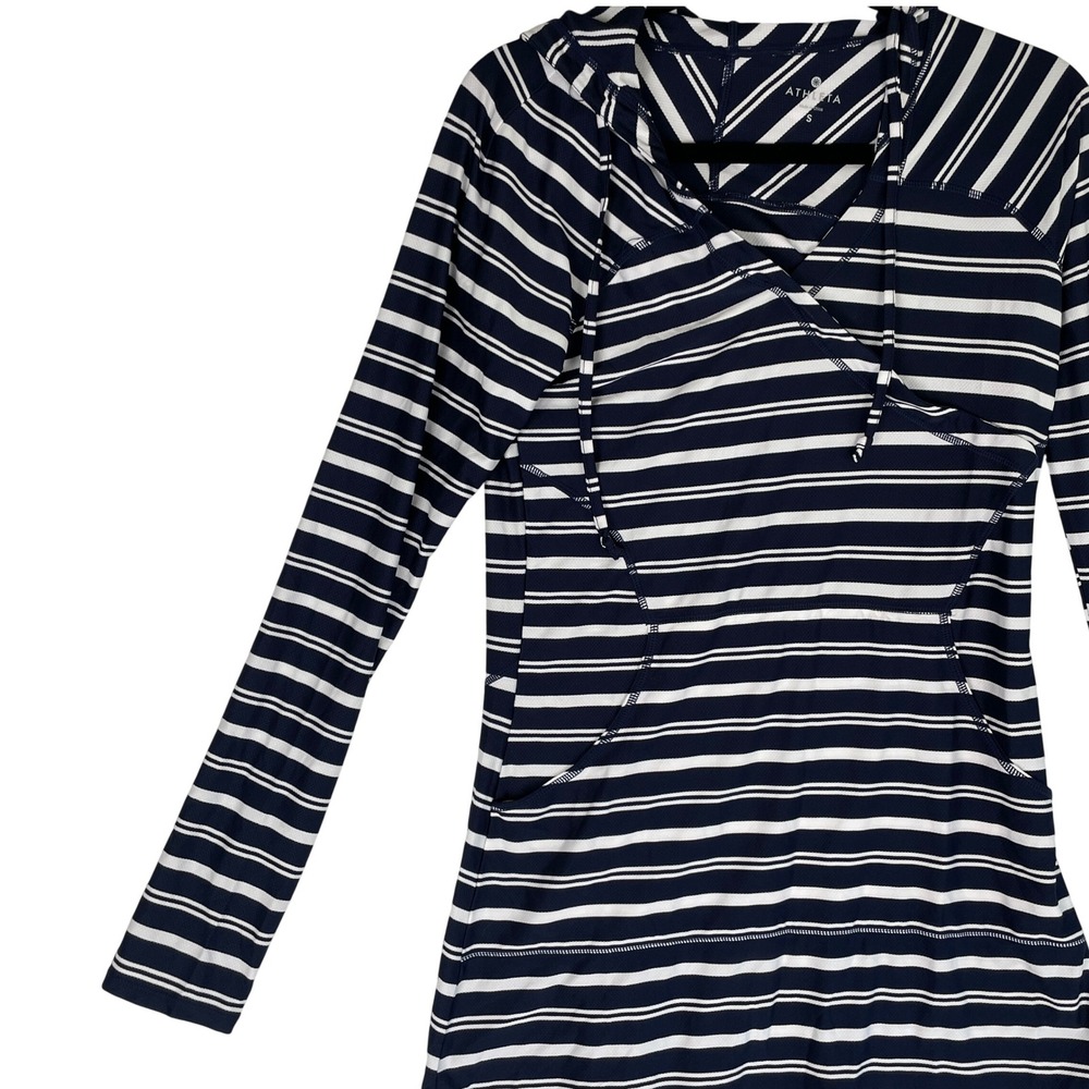 Athleta‎ Women's Striped Hoodie Tunic Top Navy White Long Sleeve Size S